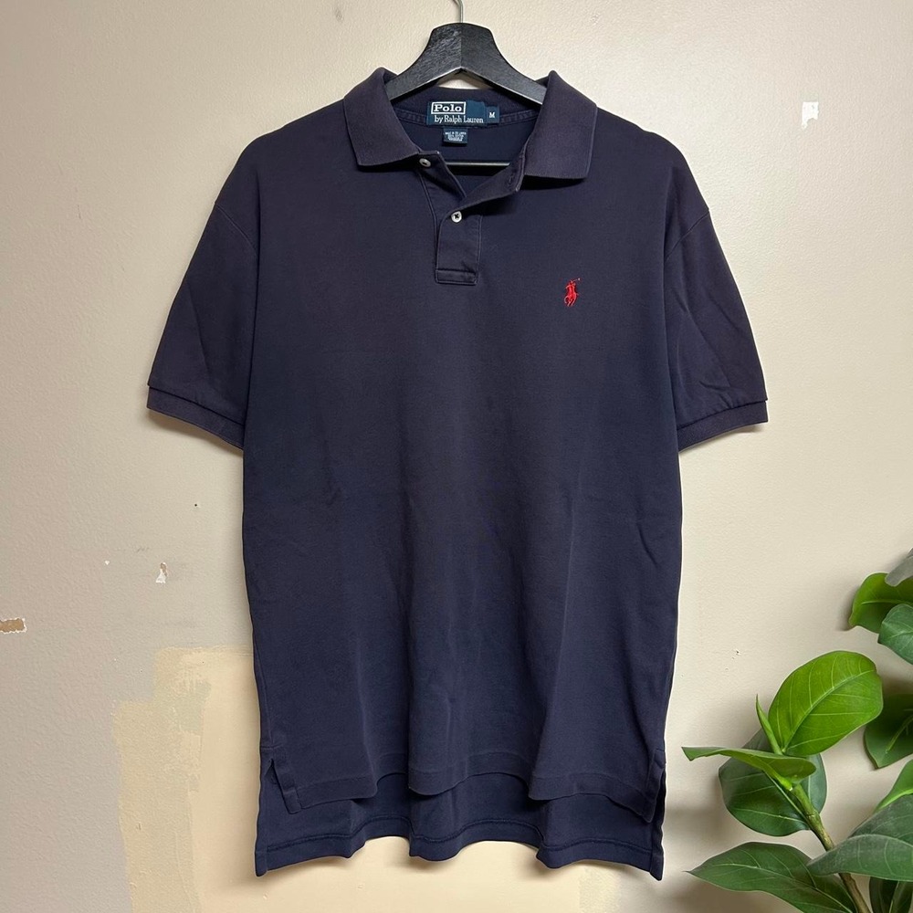 Vintage 90s Polo Ralph Lauren Faded Navy Blue Polo Shirt Mens Medium Red Pony